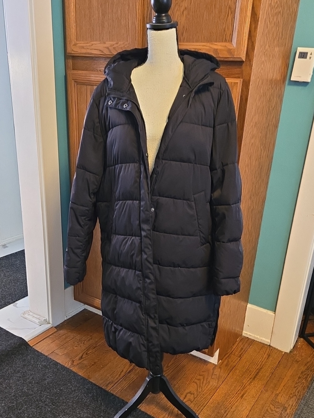 Women's Black Long Puffer Coat with Hood